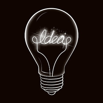 Glowing lightbulb with word ideas inside on black background