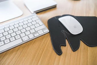 White Apple keyboard and mouse on black elephant mousepad