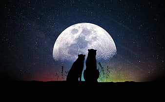Silhouettes of two cats sitting under a giant full moon
