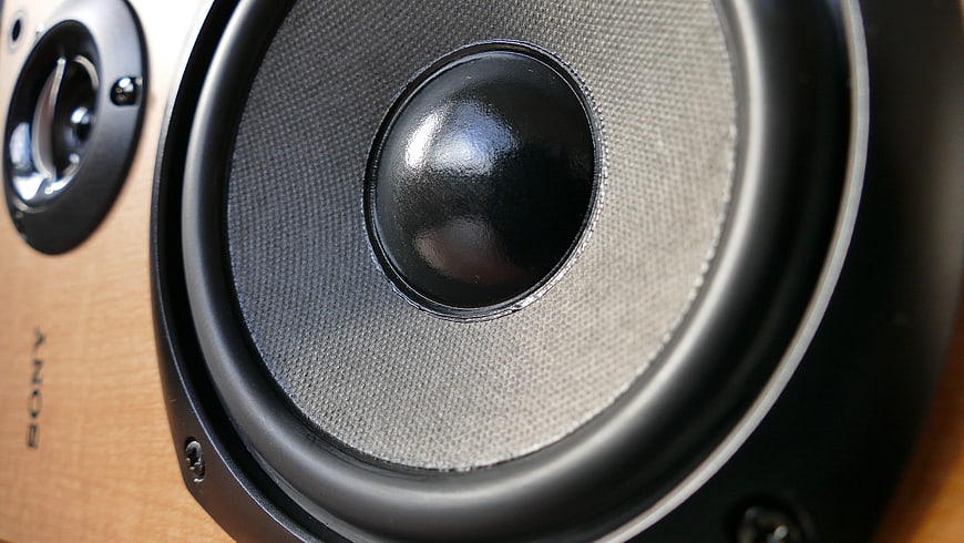 Close-up of vintage Sony speaker cone and tweeter