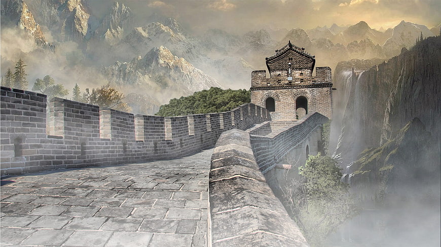 Majestic Great Wall of China with Mountains and Waterfall