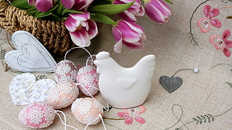 Easter Decor With Tulips, Lace Eggs, And Ceramic Hen Figurine