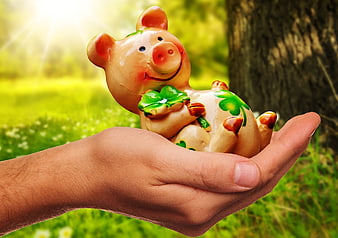 Hand holding lucky piggy bank with clovers in nature