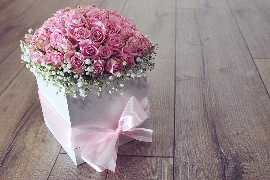 Pink Roses Bouquet in White Gift Box on Wooden Floor