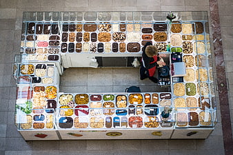 Overhead view of dried fruit and nut market stall