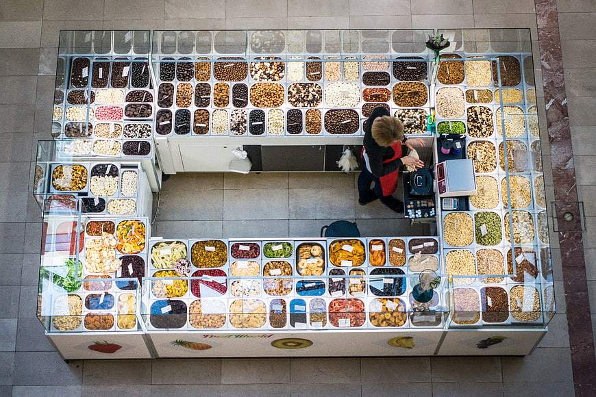 Overhead view of dried fruit and nut market stall