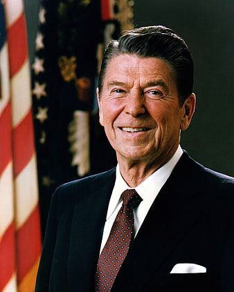 Official Portrait of Ronald Reagan in Suit with US Flag