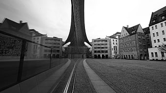 Black and white reflection of Nuremberg architecture on glass