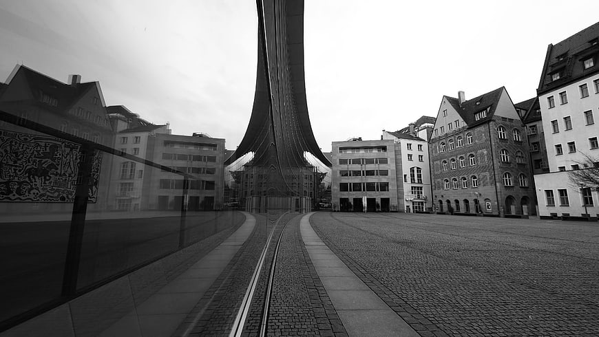 Black and white reflection of Nuremberg architecture on glass