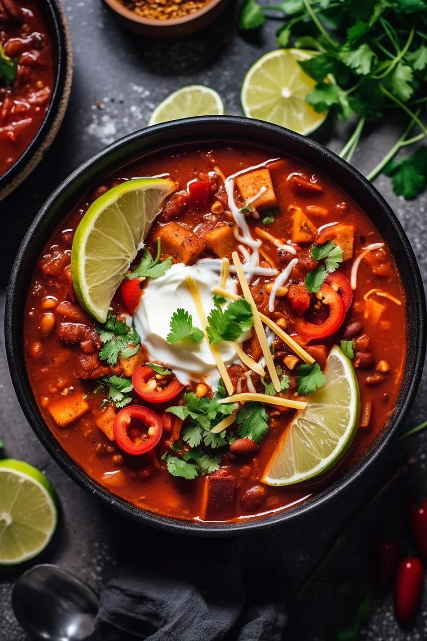 Overhead View of Spicy Vegan Chili with Lime and Cilantro