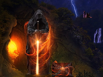 Fantasy Hooded Figure with Glowing Sword and Treasure Chest
