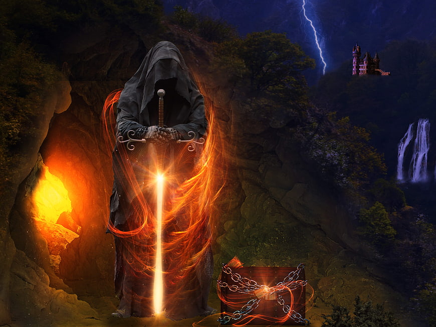 Fantasy Hooded Figure with Glowing Sword and Treasure Chest