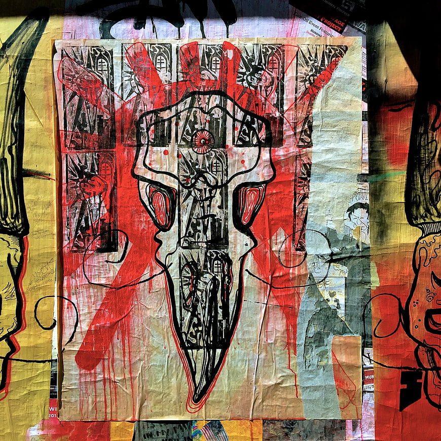 Abstract street art poster with red and black graffiti