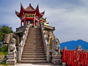 Traditional Chinese Temple Staircase With Stone Lion Statues