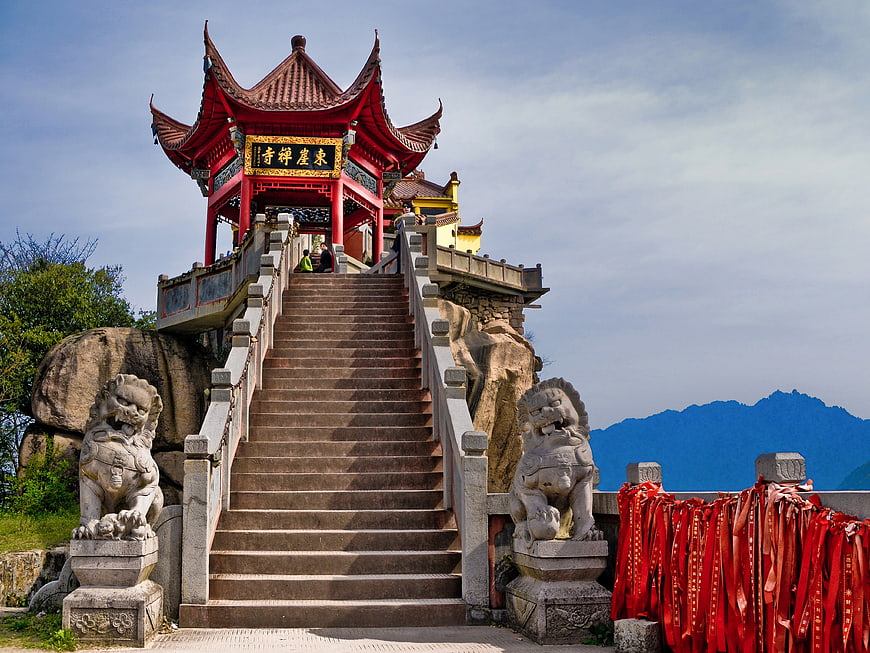 Traditional Chinese Temple Staircase With Stone Lion Statues
