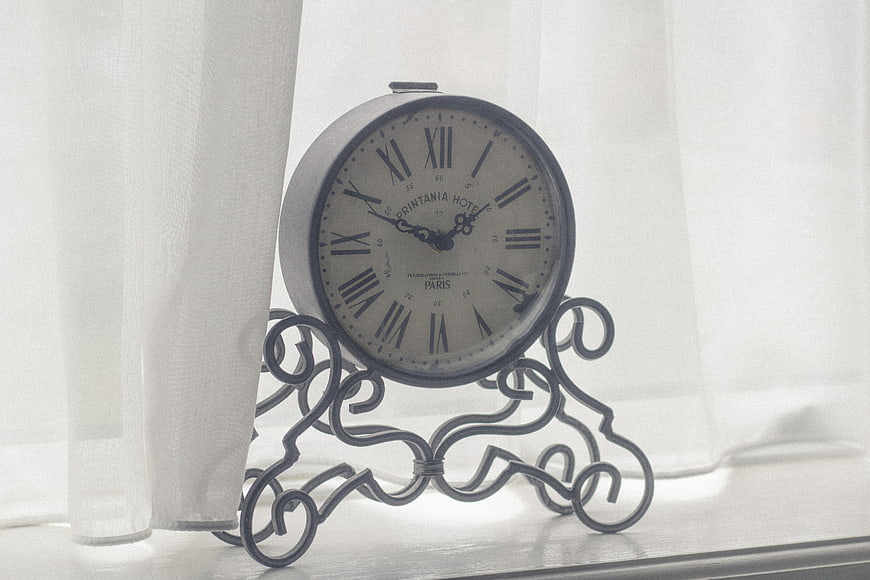 Vintage Parisian Clock on Wrought Iron Stand by Window