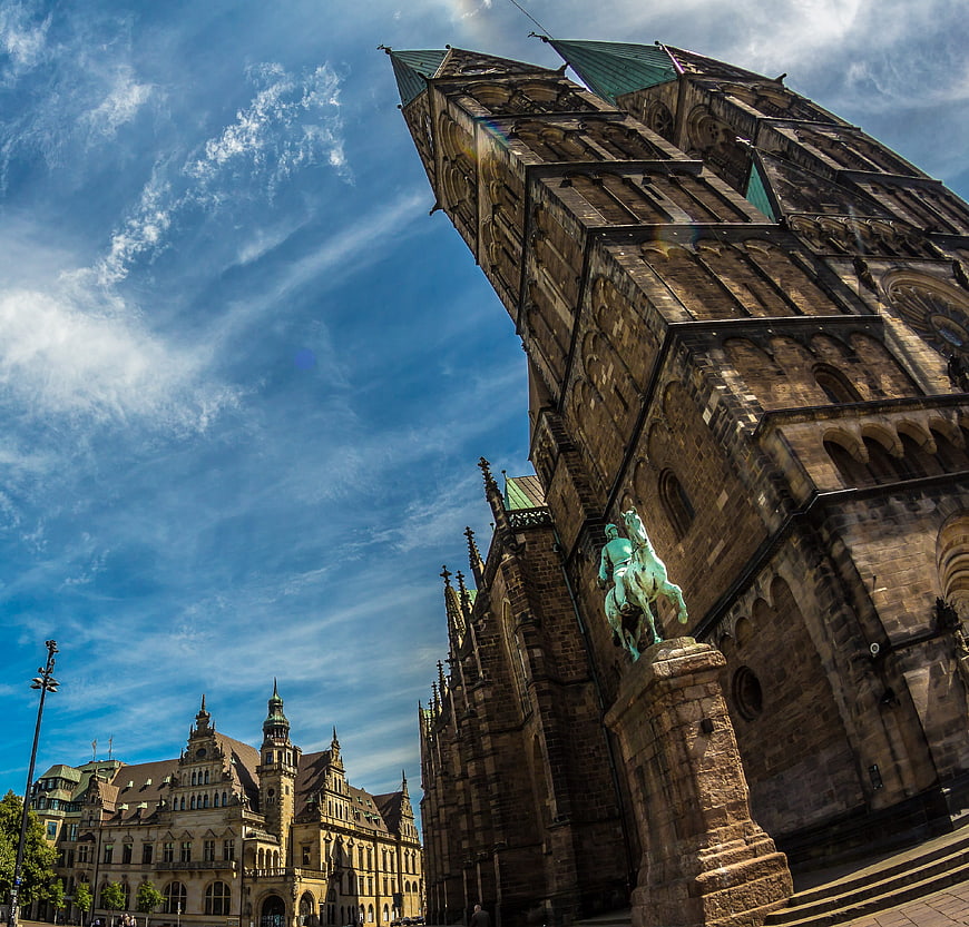 Low angle view of Dresden Cathedral and equestrian statue