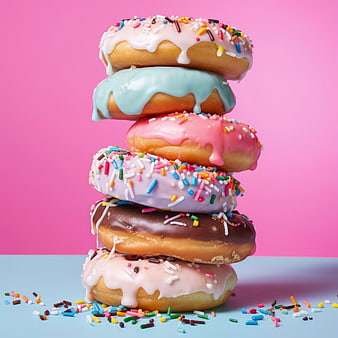 Stack of Colorful Glazed Donuts with Sprinkles on Pink Background
