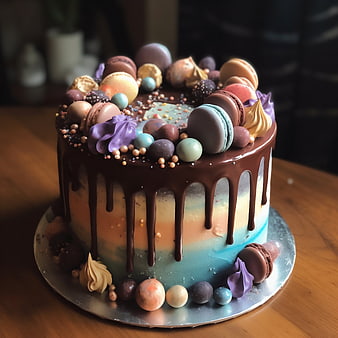 Colorful drip cake with macarons and chocolate ganache