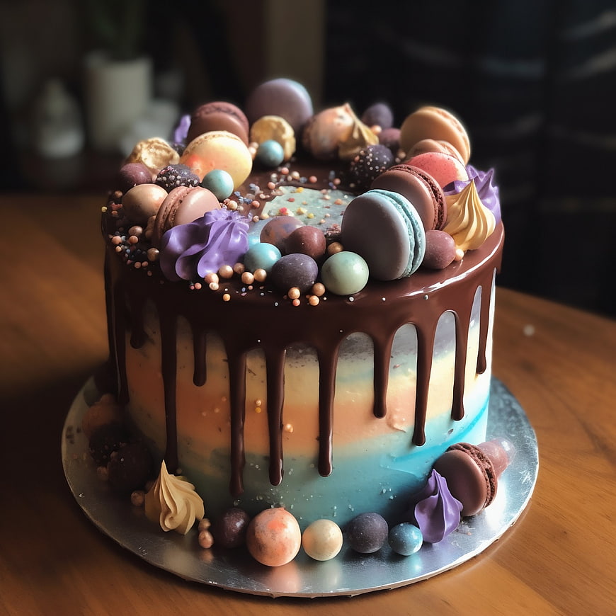 Colorful drip cake with macarons and chocolate ganache