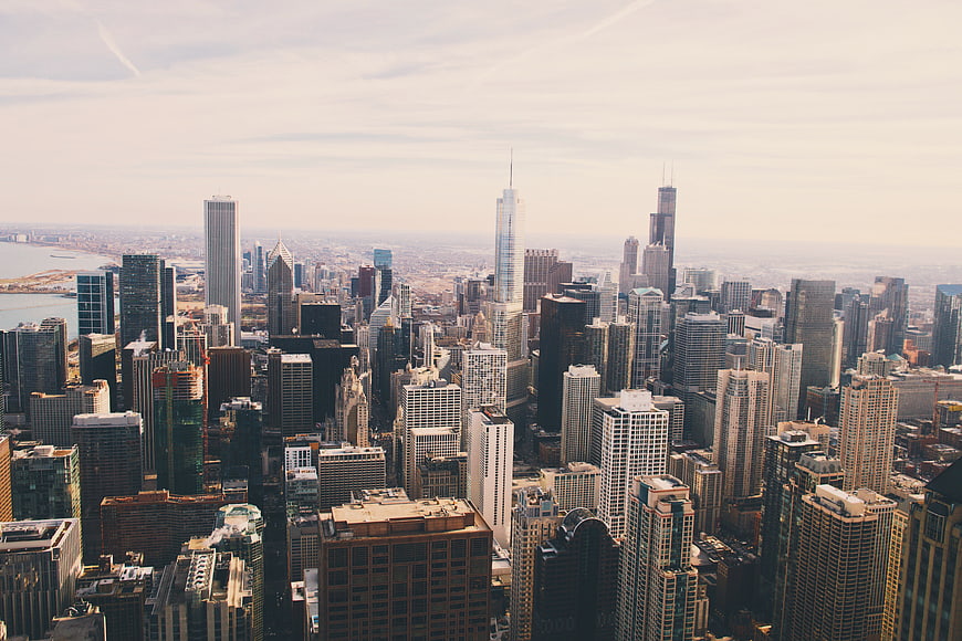Aerial View of Chicago Skyline with Lake Michigan