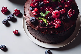 Chocolate cake with mixed berries and mint on white plate