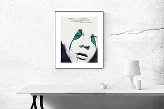 Minimalist poster mockup on concrete wall with white desk