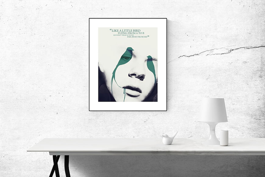 Minimalist poster mockup on concrete wall with white desk