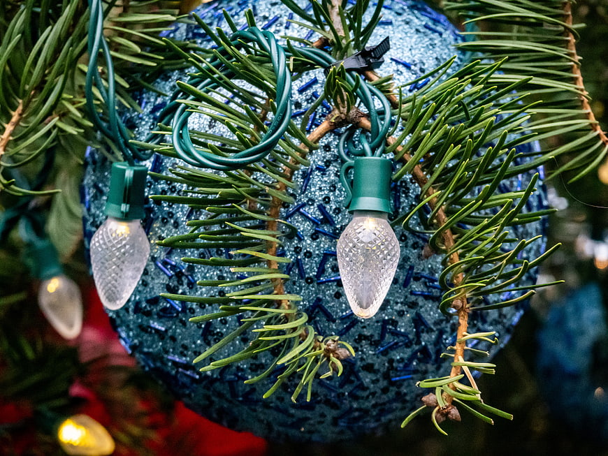 Close-up of Blue Christmas Ornament and Lights on Pine Tree