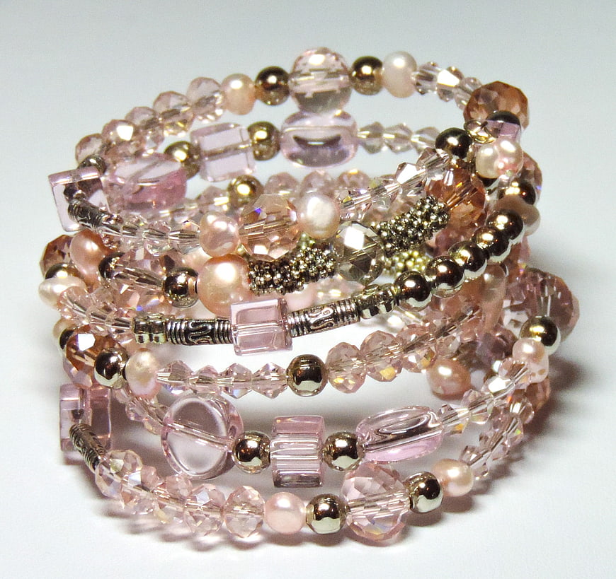 Pink Crystal Beaded Wrap Bracelet With Gold Accents