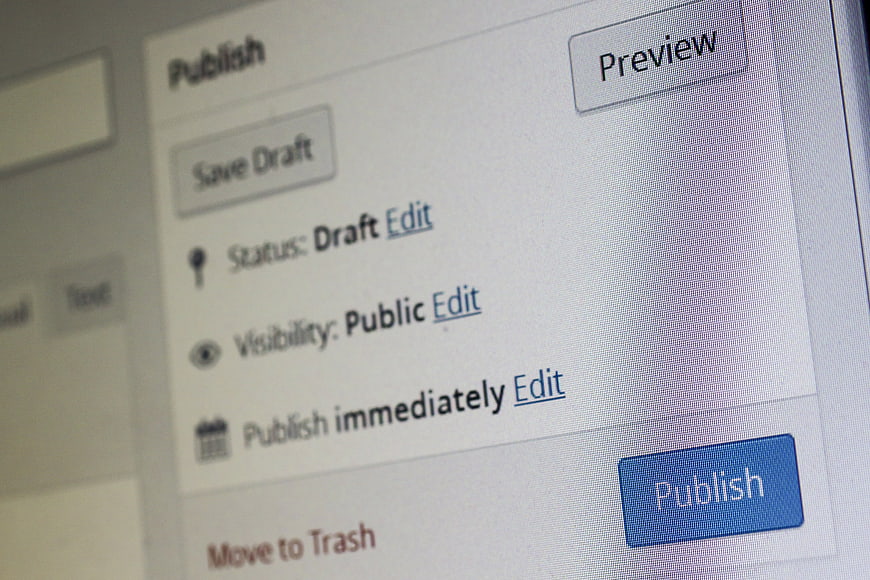 Close-up of WordPress publish settings and status options on a computer screen