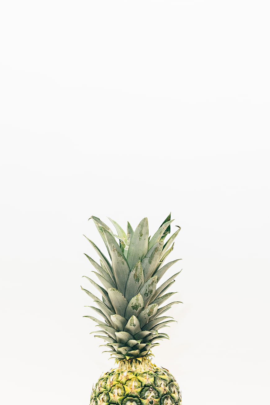 Fresh pineapple top on white background with copyspace