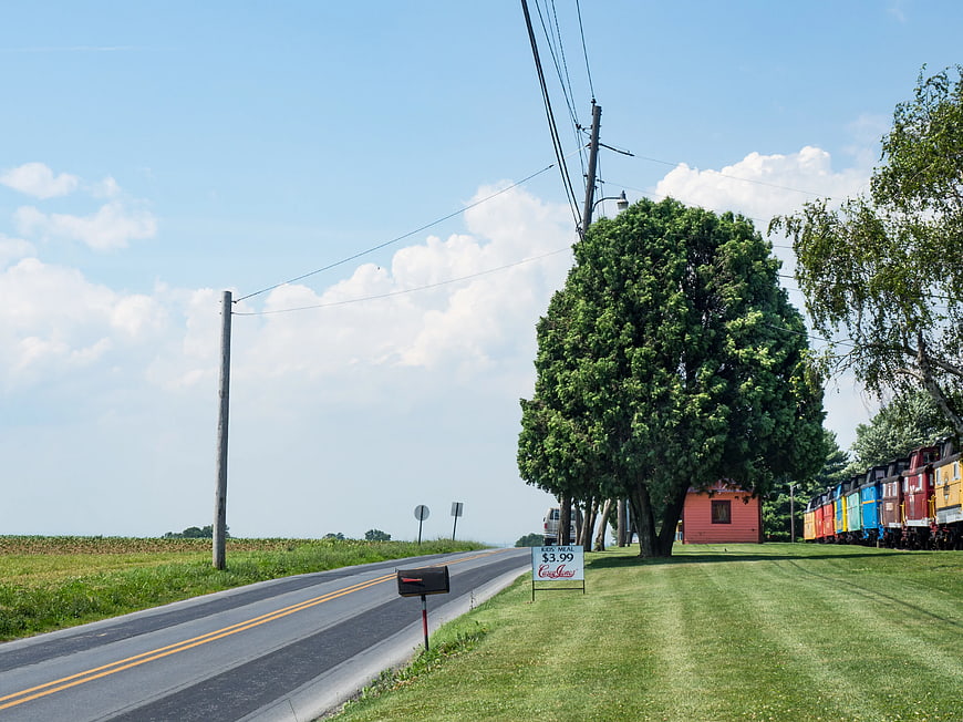 Rural Road with Colorful Train Cars and Blue Sky
