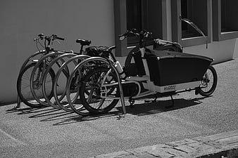 Black and white photo of bicycles and cargo bike parked