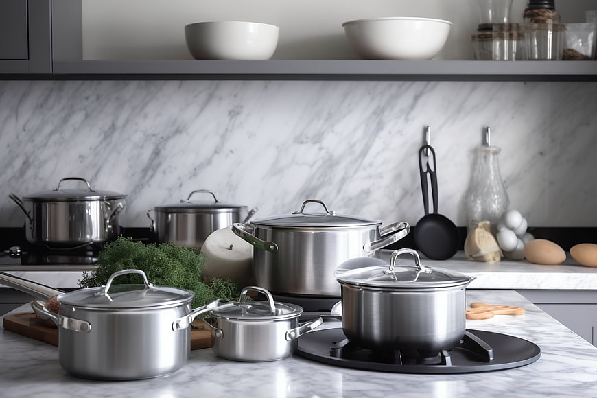 Stainless steel cookware set on marble kitchen counter