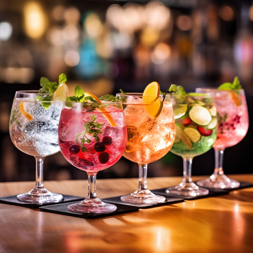 Colorful cocktails with fruit garnishes on a bar counter