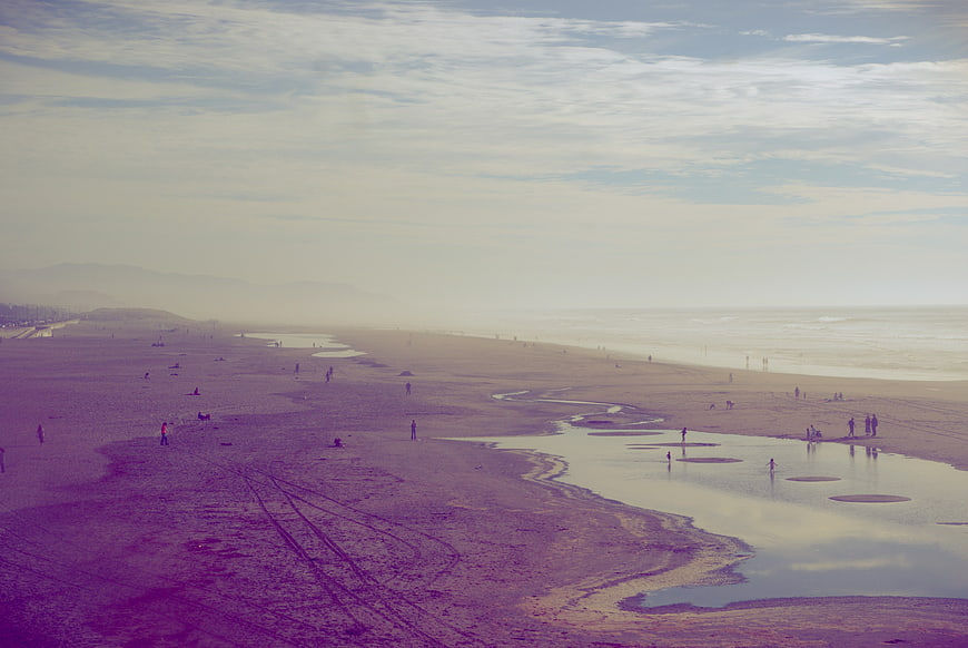 Wide Beach Landscape with Purple Tint and Distant People