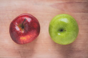 Top View of Red and Green Apples on Wooden Surface