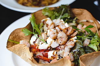 Shrimp Salad in Crispy Pita Bowl with Feta and Balsamic