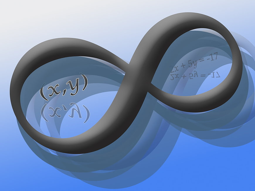 3D Infinity Symbol with Mathematical Equations on Blue Background