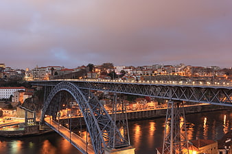 Luiz I Bridge in Porto, Portugal at Dusk with City Lights