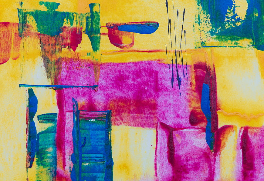 Vibrant Abstract Watercolor Painting with Pink, Blue, and Yellow Hues
