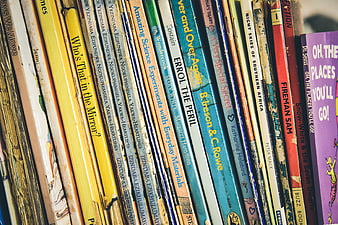 Close-up of vintage book spines on a shelf