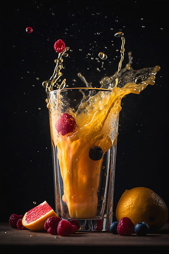 Dynamic Splash of Orange Juice with Raspberries and Lemon