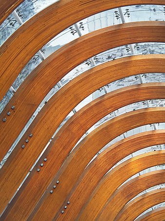 Curved wooden beams in modern architectural ceiling structure