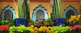 Colorful Moroccan Garden with Blue Tiles and Flowers