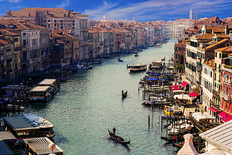 Aerial View of Venice Grand Canal with Gondolas and Boats