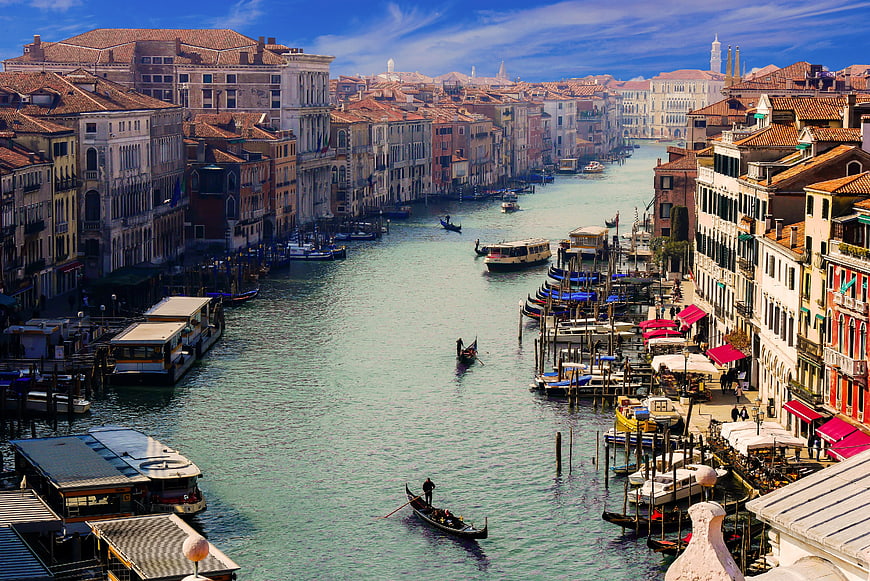 Aerial View of Venice Grand Canal with Gondolas and Boats