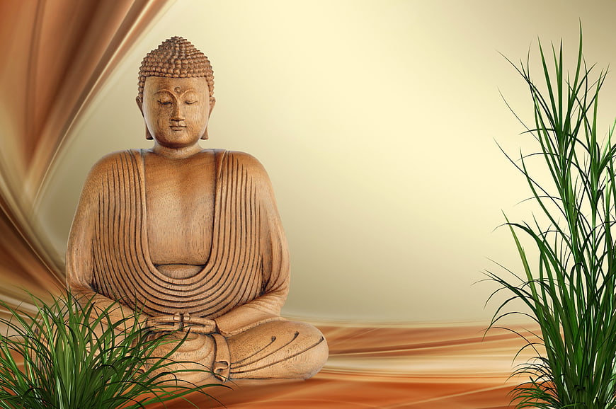 Wooden Buddha Statue with Grass and Abstract Background