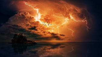 Dramatic Lightning Storm Over Ocean Island at Sunset